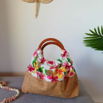 Sac Miti : liège et tissu polynésien frangipanier