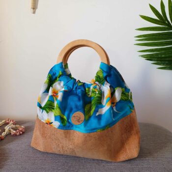 Sac Miti : liège et tissu polynésien bleu turquoise