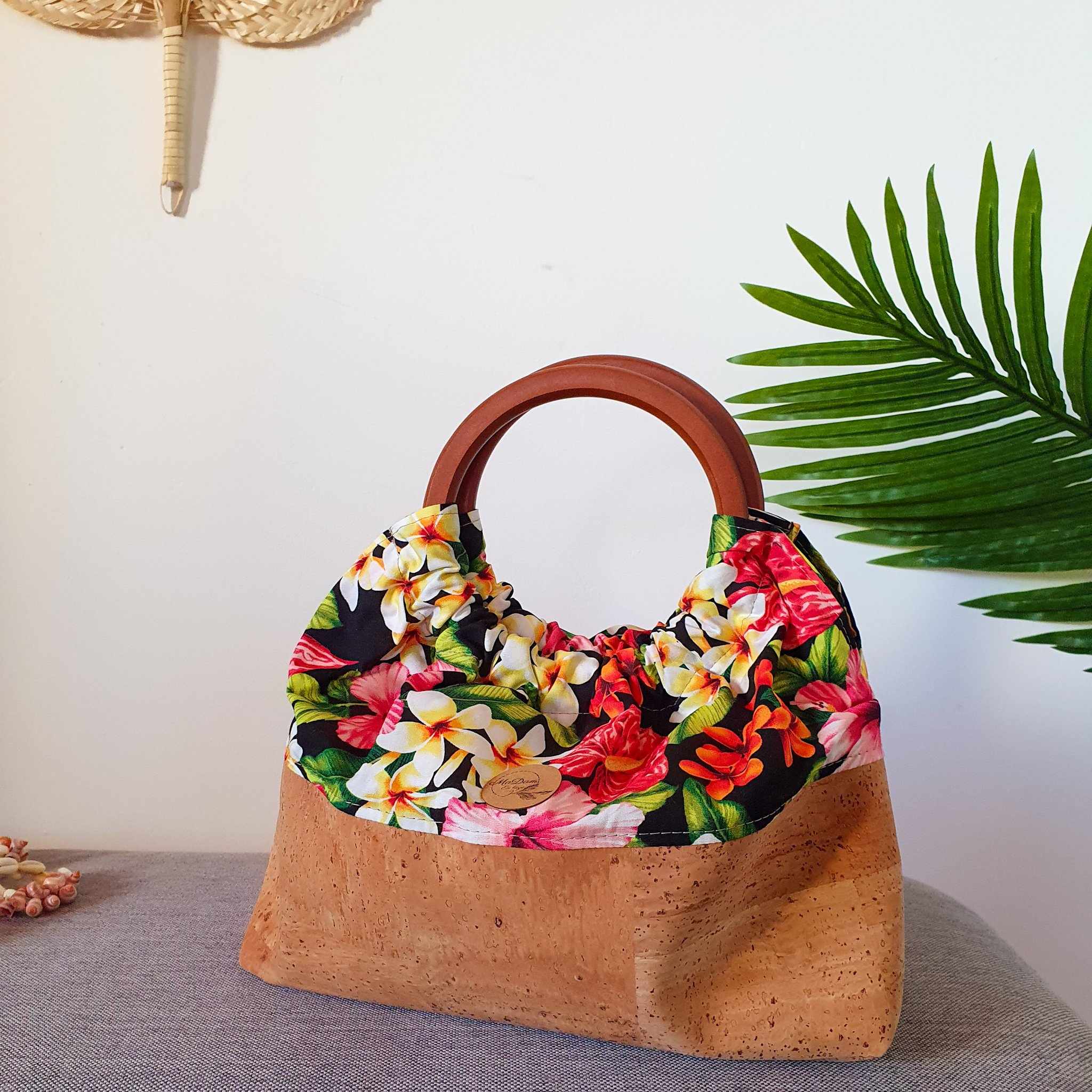 sac miti liège et fleurs anse en bois