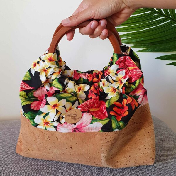 sac miti liège et tissu polynésien fleuri