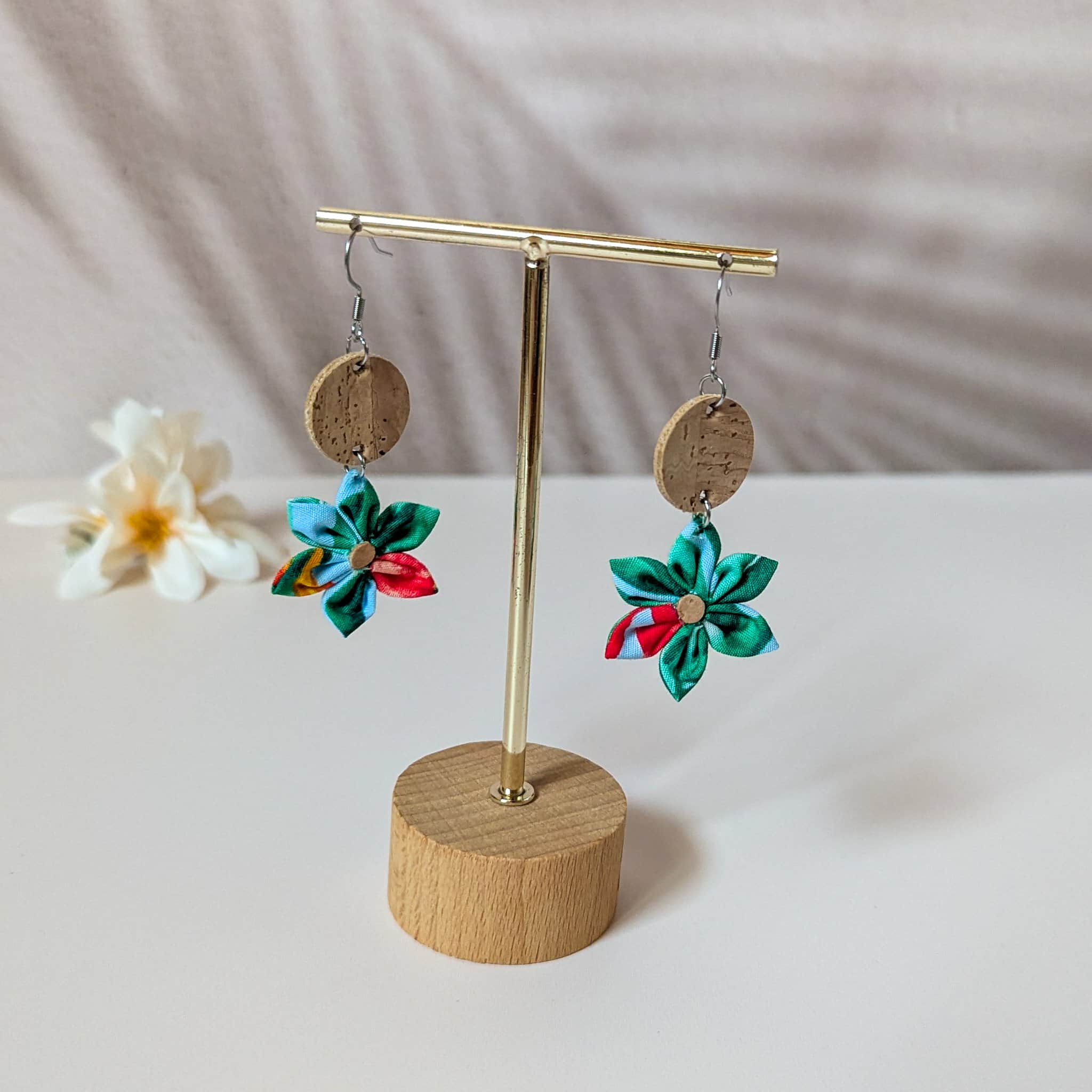 boucle d'oreille bijou liège tissu fleur