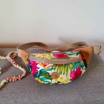 Sac banane: liège et tissu polynésien Fleurs tropicales