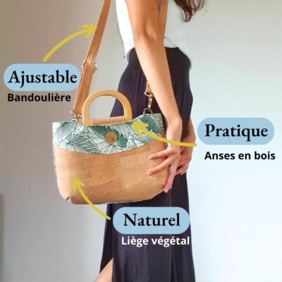 Sac Taina avec anses en bois et bandoulière, liège et tissu feuillage vert
