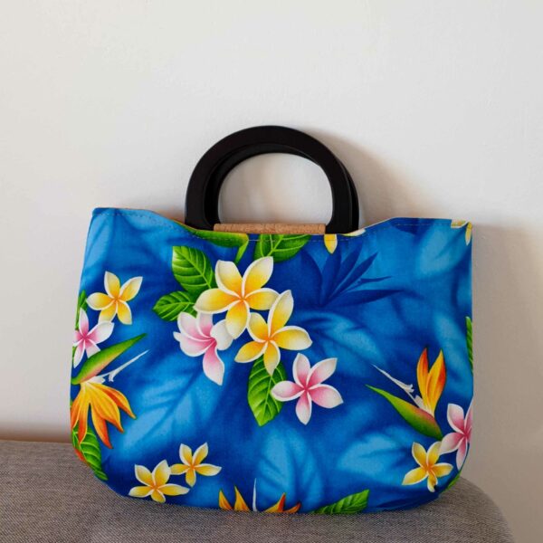 sac taina liège et tissu polynésien bleu tipanier oiseau de paradis anse bois