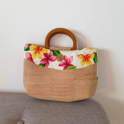 Sac Taina avec anses en bois et bandoulière, liège et tissu tipanier rose