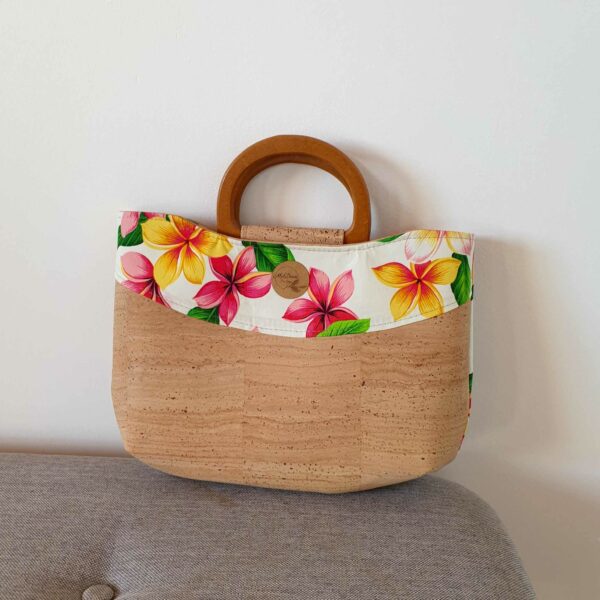 sac taina liège tissu polynésien tipanier rose