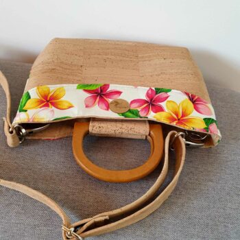 Sac Taina avec anses en bois et bandoulière, liège et tissu tipanier rose