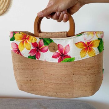 Sac Taina avec anses en bois et bandoulière, liège et tissu tipanier rose