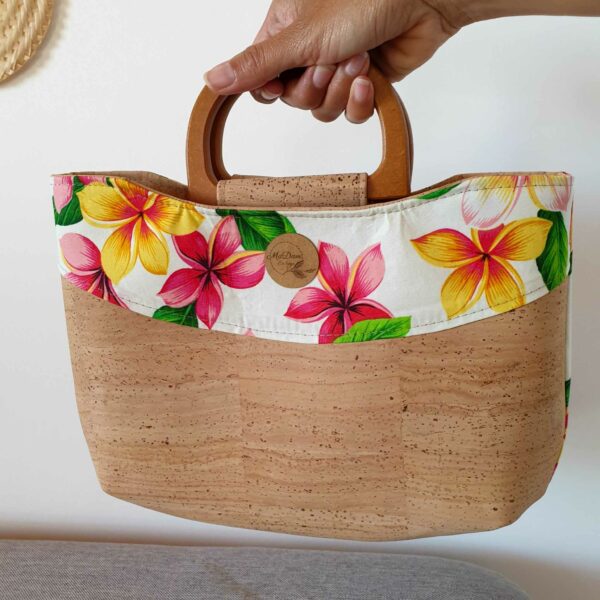 sac taina liège tissu polynésien tipanier rose jaune