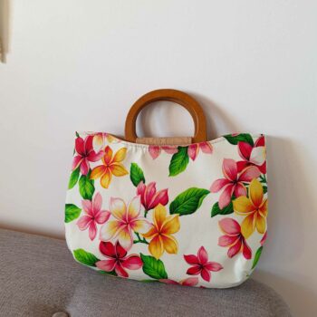 Sac Taina avec anses en bois et bandoulière, liège et tissu tipanier rose