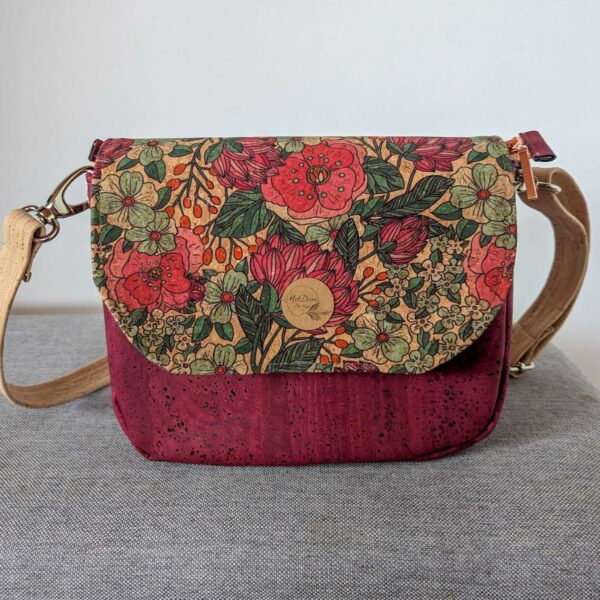 sac bandouliere rouge liège rabat interchangeable fleurs sauvages