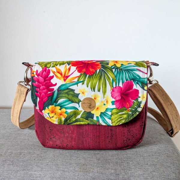 sac bandouliere rouge liège rabat interchangeable fleurs tropicales