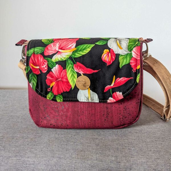 sac bandouliere rouge liège rabat interchangeable noir hibiscus