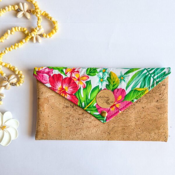 pochette liège tissu exotique iles tropicales fleurs