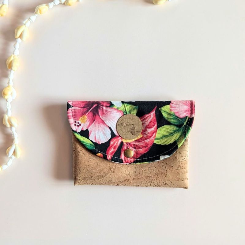 portemonnaie liège tissu polynésien noir tropicale