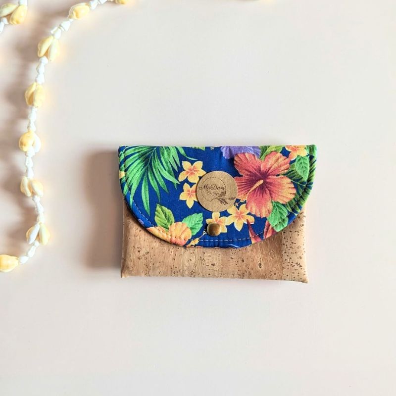 portemonnaie liège tissu polynésien nuit bleu tropicale