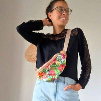 Sac banane: liège et tissu fleurs tropicales