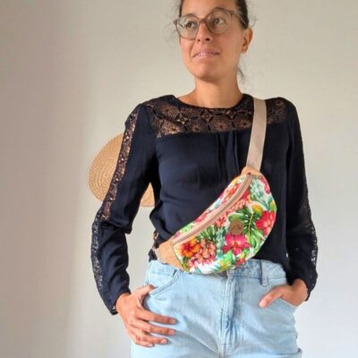 Sac banane: liège et tissu fleurs tropicales