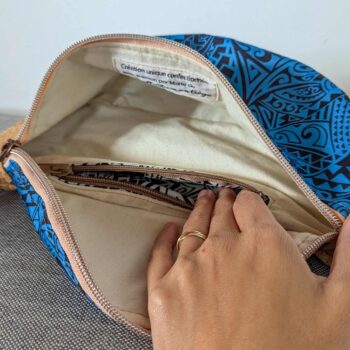 Sac banane: liège et tissu polynésien Bleu tatouage