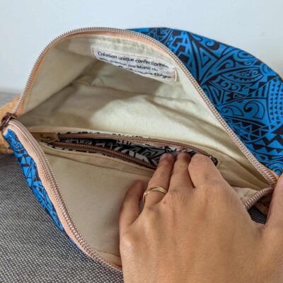 Sac banane: liège et tissu polynésien Bleu tatouage