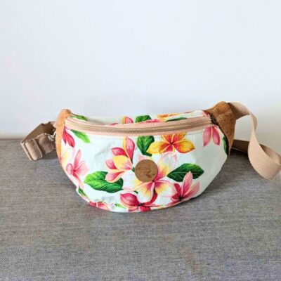Sac banane: liège et tissu polynésien Frangipanier rose