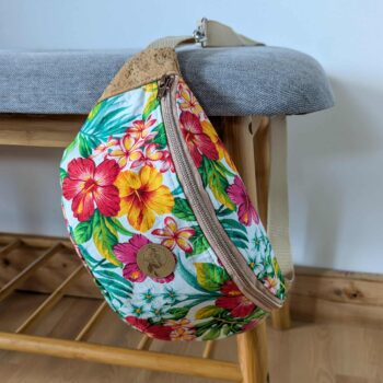 Sac banane: liège et tissu fleurs tropicales