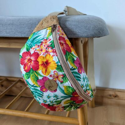 Sac banane: liège et tissu fleurs tropicales