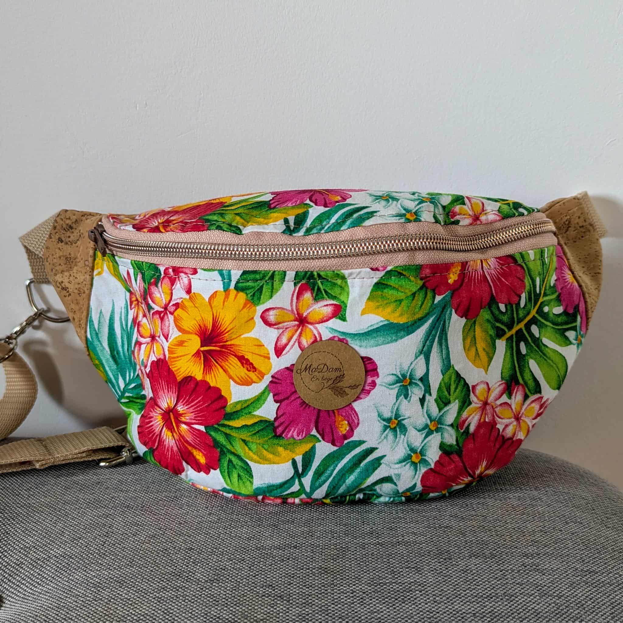 sac banane liège tissu fleurs tropicales tahiti