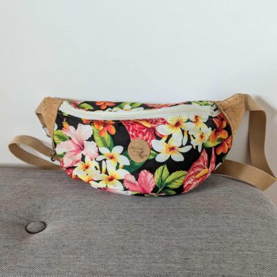 Sac banane: liège et tissu noir fleurs tropicales
