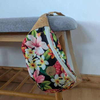 Sac banane: liège et tissu noir fleurs tropicales