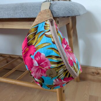 sac banane tissus tahiti bleu turquoise hibiscus rose liège