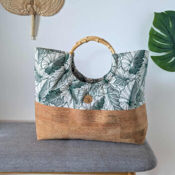 sac mahana liège tissus tahiti feuilles vert