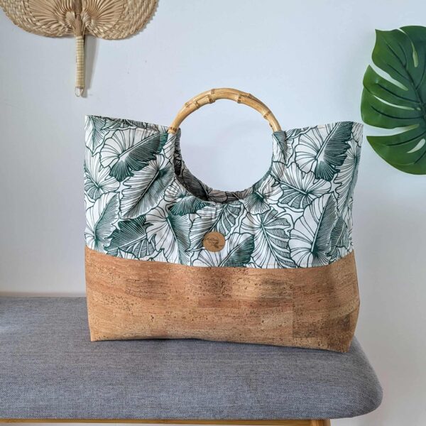 sac mahana liège tissus tahiti feuilles vert