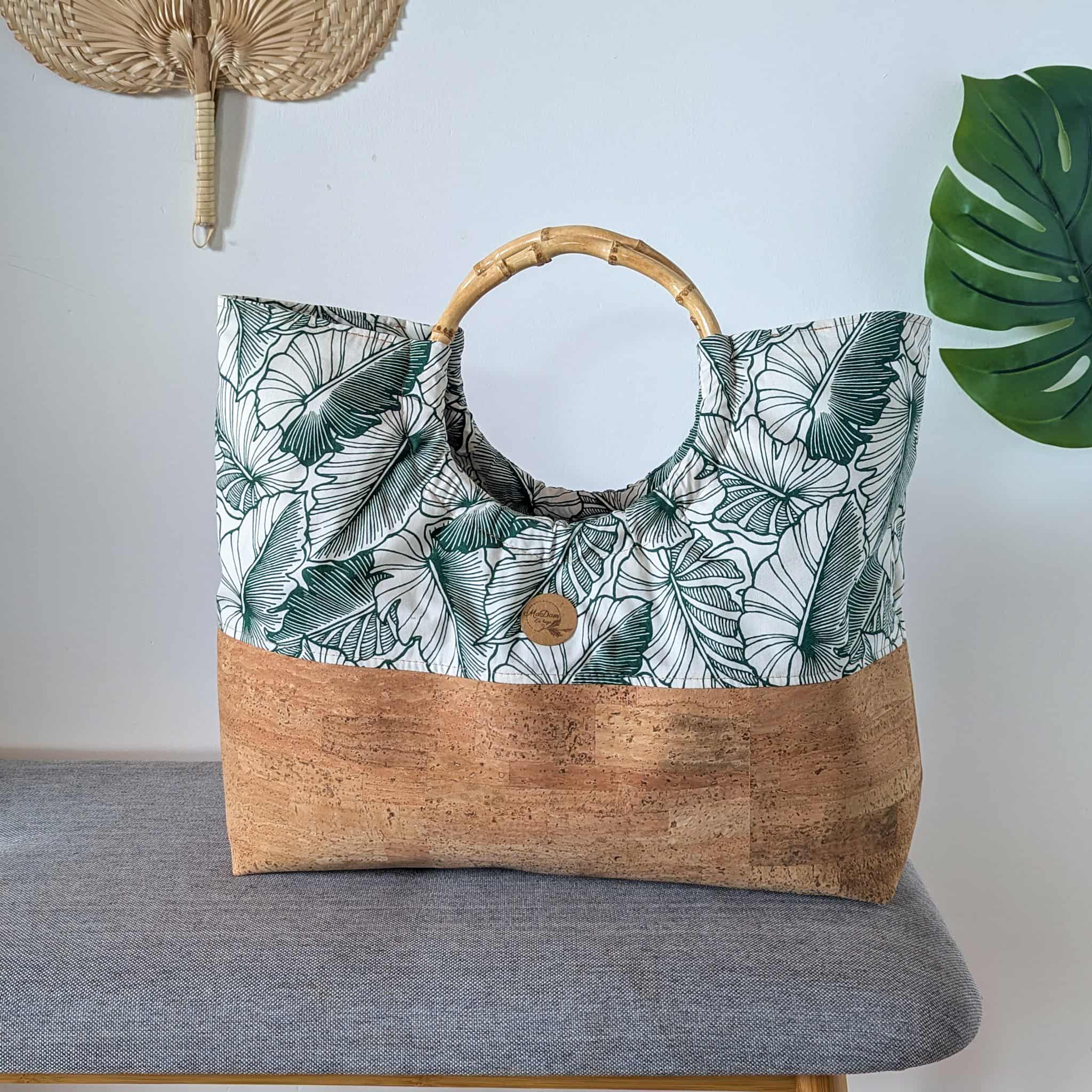 sac mahana liège tissus tahiti feuilles vert