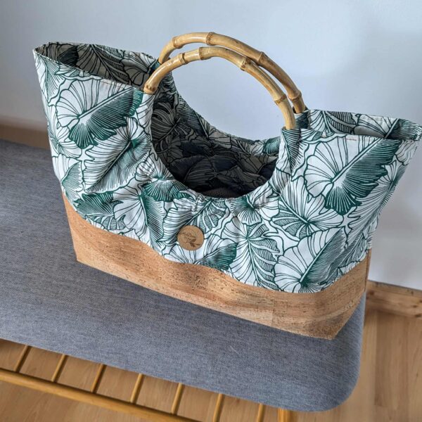 sac mahana liège tissus tahiti feuilles vert polynésie