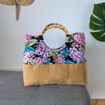 sac mahana liège tissus tahiti noir et fleurs mauve violet