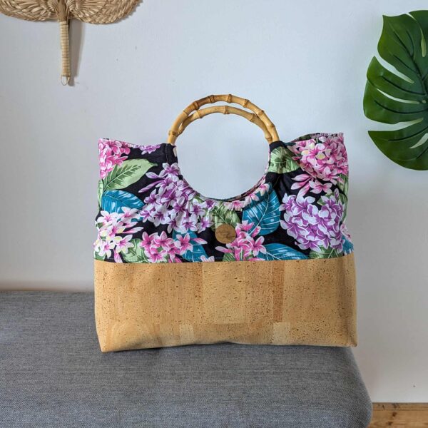 sac mahana liège tissus tahiti noir et fleurs mauve violet
