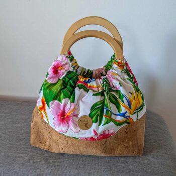 sac miti anse en bois liège tissu fleurs polynésie tahiti