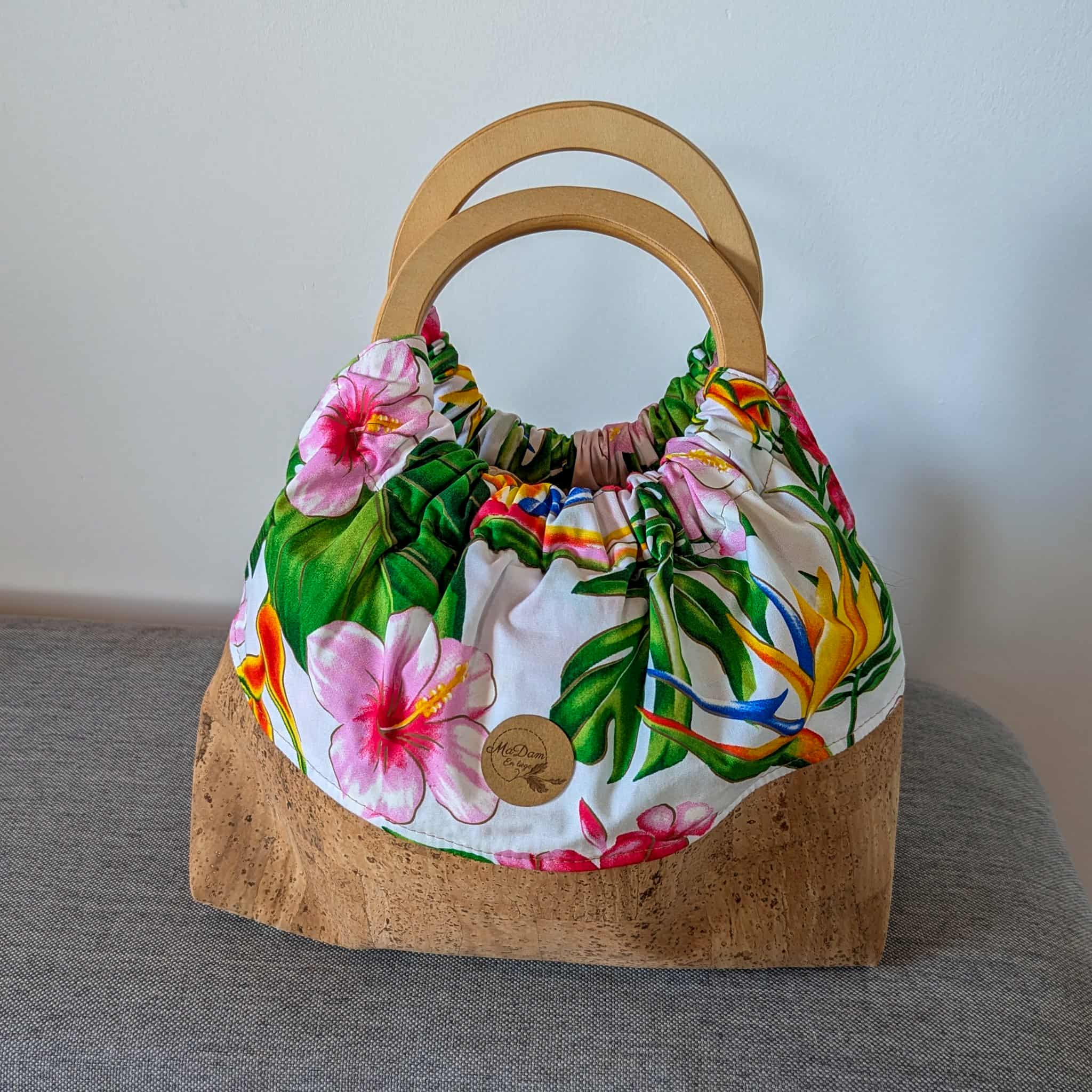 sac miti anse en bois liège tissu fleurs polynésie tahiti