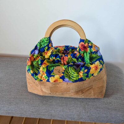 Sac Miti : liège et tissu polynésien bleu nuit tropicale
