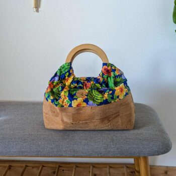 sac miti poignée en bois liège tissu bleu nuit tropicale ecoresponsable