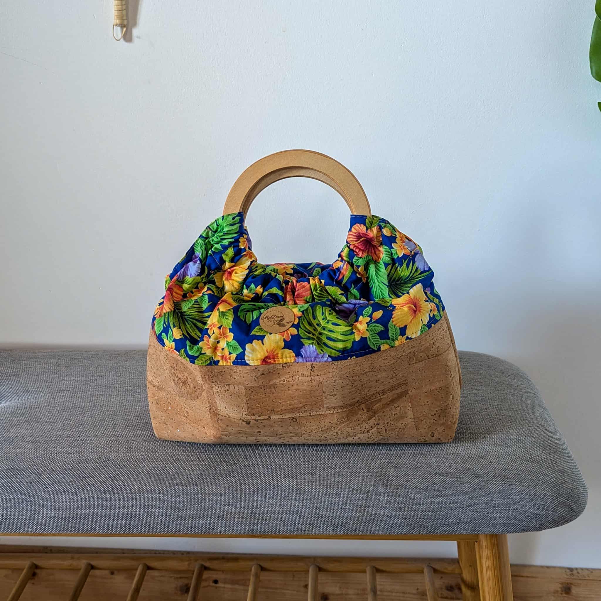 sac miti poignée en bois liège tissu bleu nuit tropicale ecoresponsable