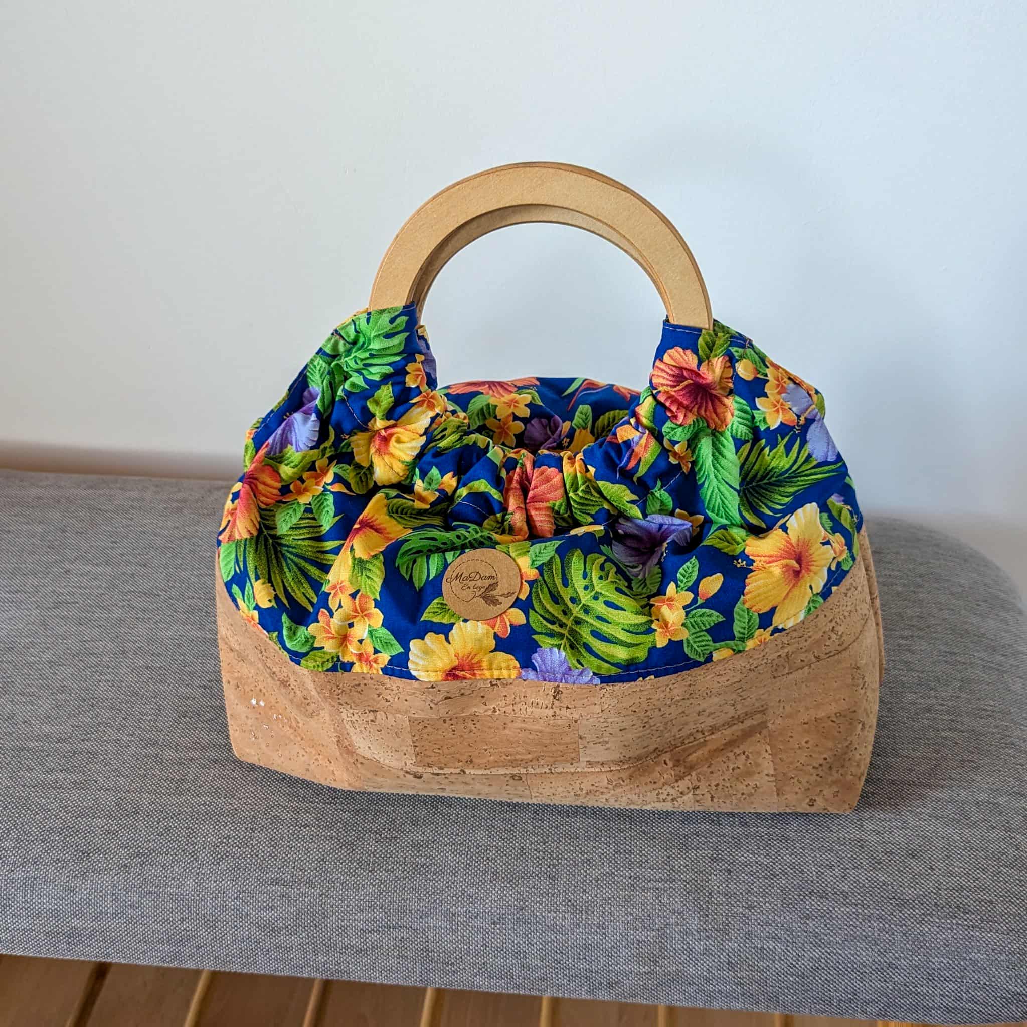 Sac Miti : liège et tissu polynésien bleu nuit tropicale
