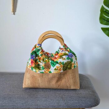 sac miti poignée en bois liège tissu fleurs vintage tropicale ecoresponsable tahiti