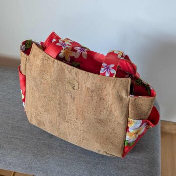 Sac Ora en liège et tissu rouge fleurs frangipanier