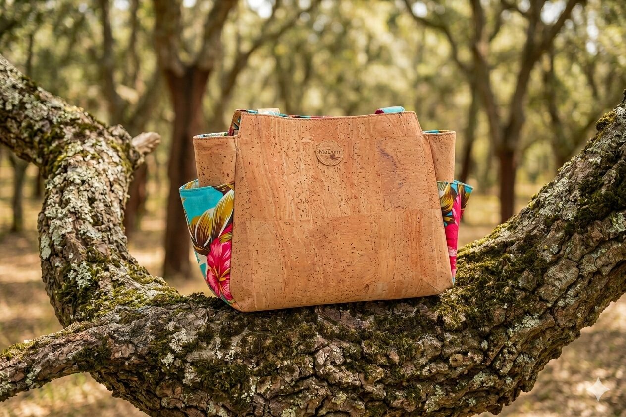 Sac à main artisanal MaDam en liège naturel posé sur une branche d'arbre dans un bois. Maroquinerie vegan et éco-responsable