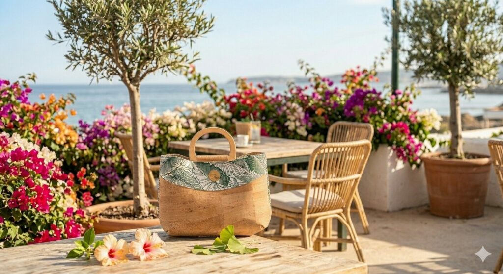 Sac à main artisanal en cuir de liège avec anse en bois et motifs de feuillage vert, posé sur une table en bois en terrasse face à la mer avec des fleurs d'hibiscus