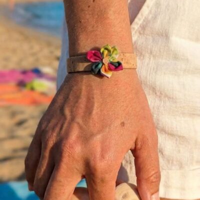 Bracelet Tiare liège & fleur en tissu polynésien