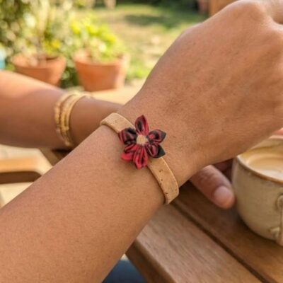Bracelet Tiare liège & fleur en tissu polynésien