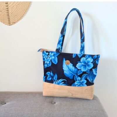 sac cabas ete liège tissu polynésien bleu hibiscus